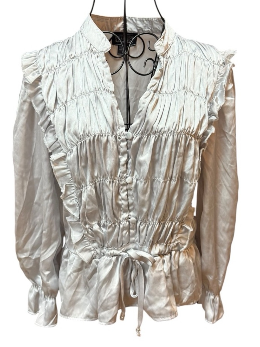 Angie Silver Gray Ruffle Drawstring Boho Victorian Romantic Blouse